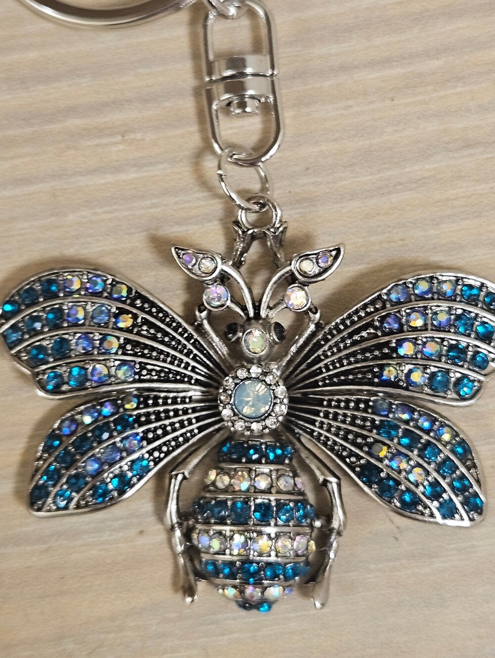 SILVER TONE BLUE RHINESTONES SPARKLY BEETLE KEYCHAIN BAG TAG